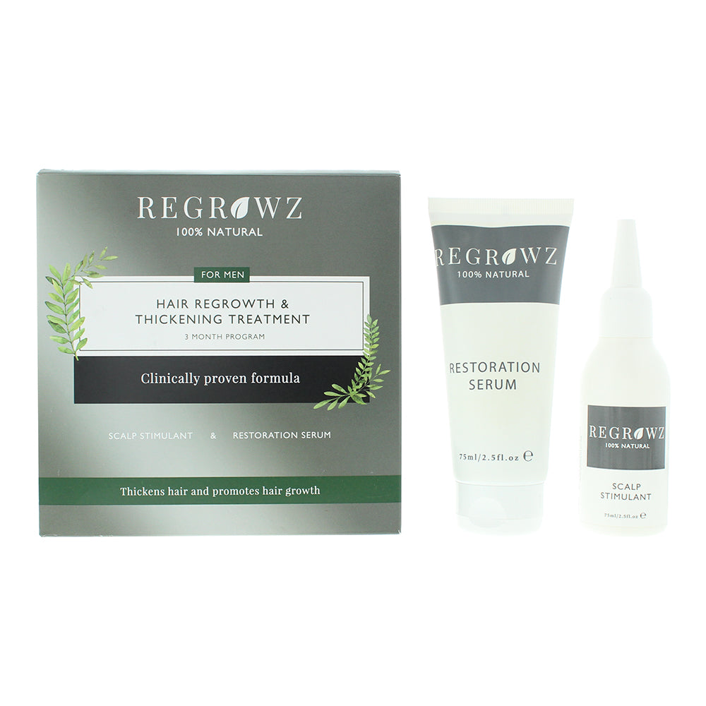 Regrowz Hair Regrowth & Thickening Treatment Three Month Program For Men - Scalp Stimulant 75ml - Restoration Serum 75ml - Comb
