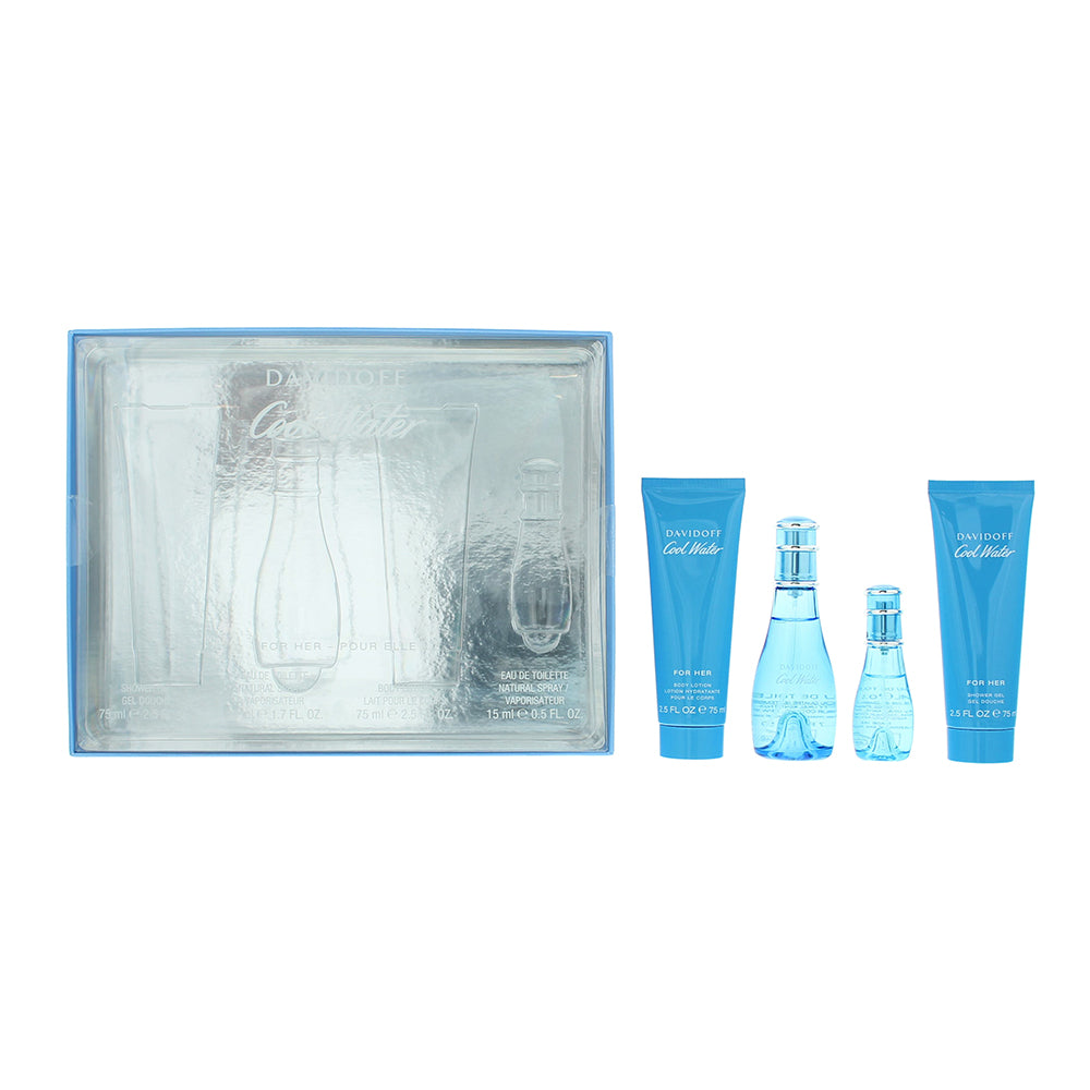 Davidoff Cool Water For Her 4 Piece Gift Set: Eau de Toilette 50ml - Eau de Toilette 15ml - Body Lotion 75ml - Shower Gel 75ml