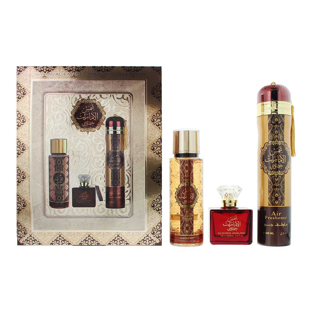 Ard Al Zaafaran Shams Al Emarat Khususi 3 Piece Gift Set: Eau de Parfum 100ml - Perfume Mist 250ml - Air Freshener 300ml