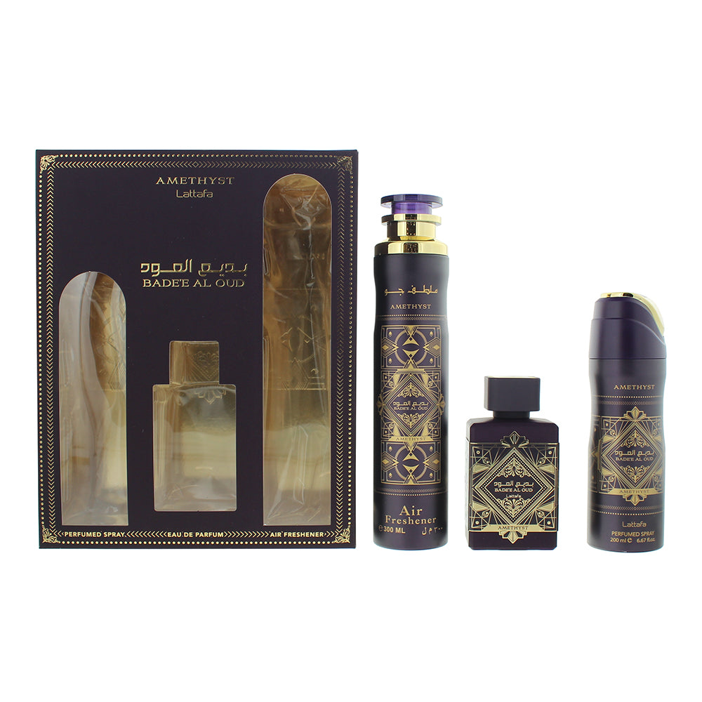 Lattafa Bade'e Al Oud Amethyst 3 Piece Gift Set: Eau de Parfum 100ml - Air Freshener 300ml - Perfumed Spray 200ml