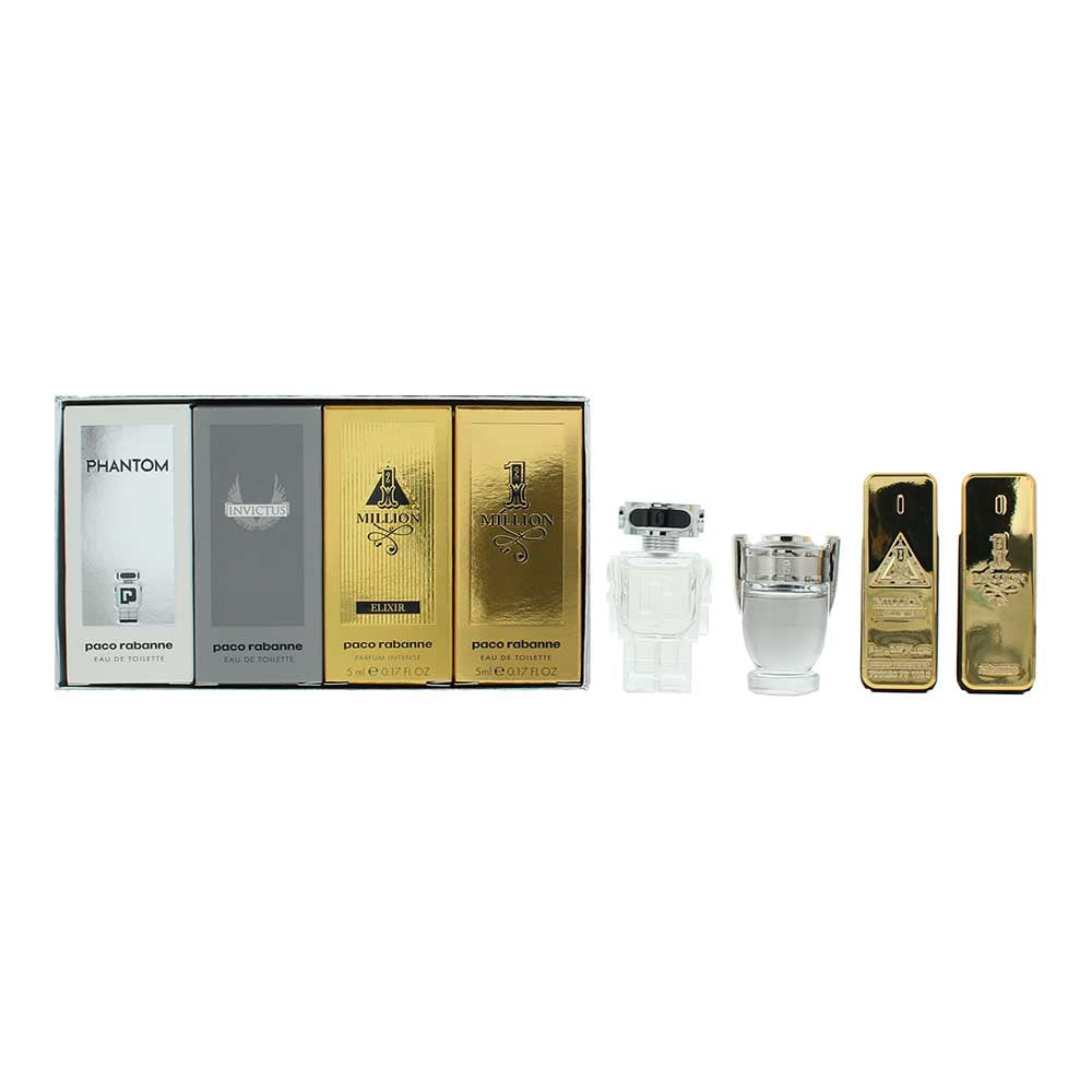 Paco Rabanne 4 Piece Gift Set: 1 Million Elixir Parfum 5ml - Phantom Eau de Toilette 5ml - Invictus Eau de Toilette 5ml - 1 Million Eau de Toilette 5m