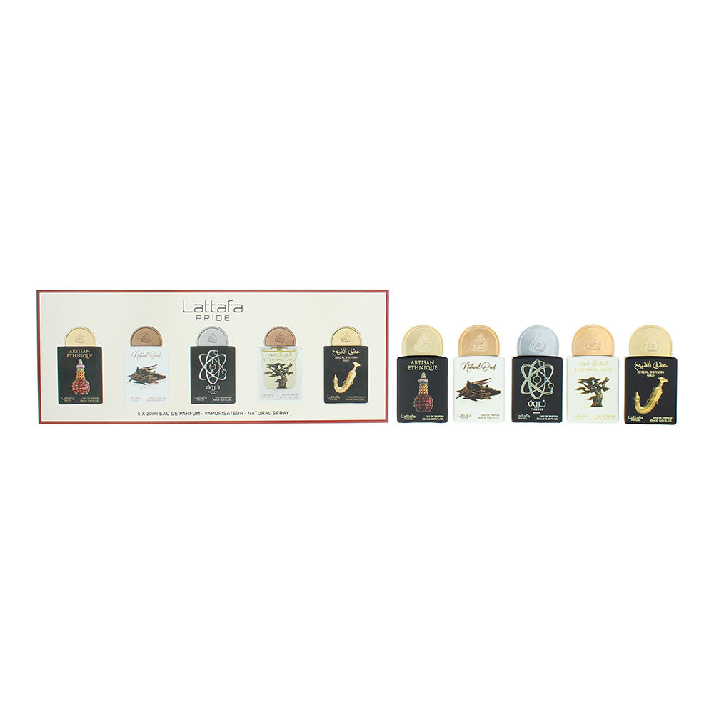 Lattafa Pride 5 Piece Gift Set: Artisan Ethnique Eau de Parfum 20ml - Natural Oud Eau de Parfum 20ml - Tharwah Silver Eau de Parfum 20ml - Eternal Oud