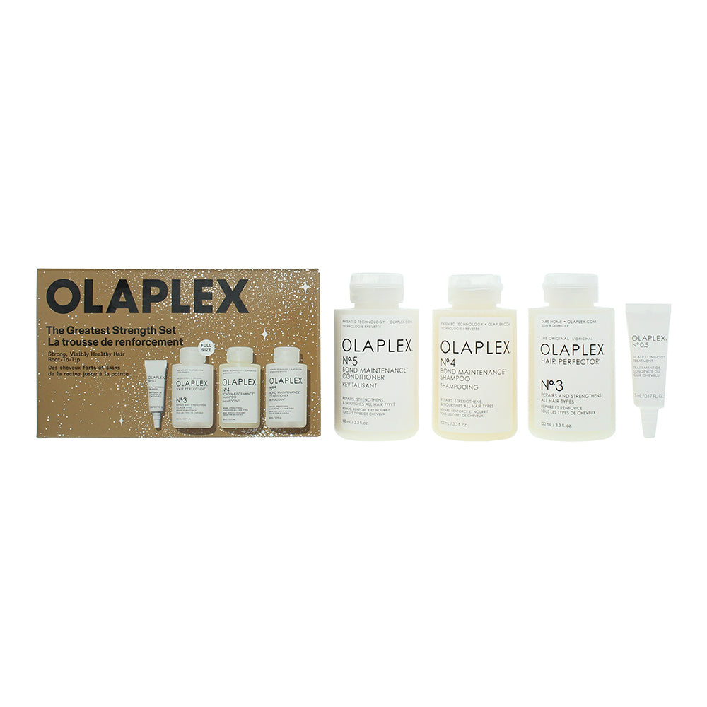Olaplex The Greatest Strength 4 Piece Gift Set: No.4 Shampoo 100ml - No.5 Conditioner 100ml -No.3 Hair Perfector 100ml - No.05 Hair Treatment 5ml