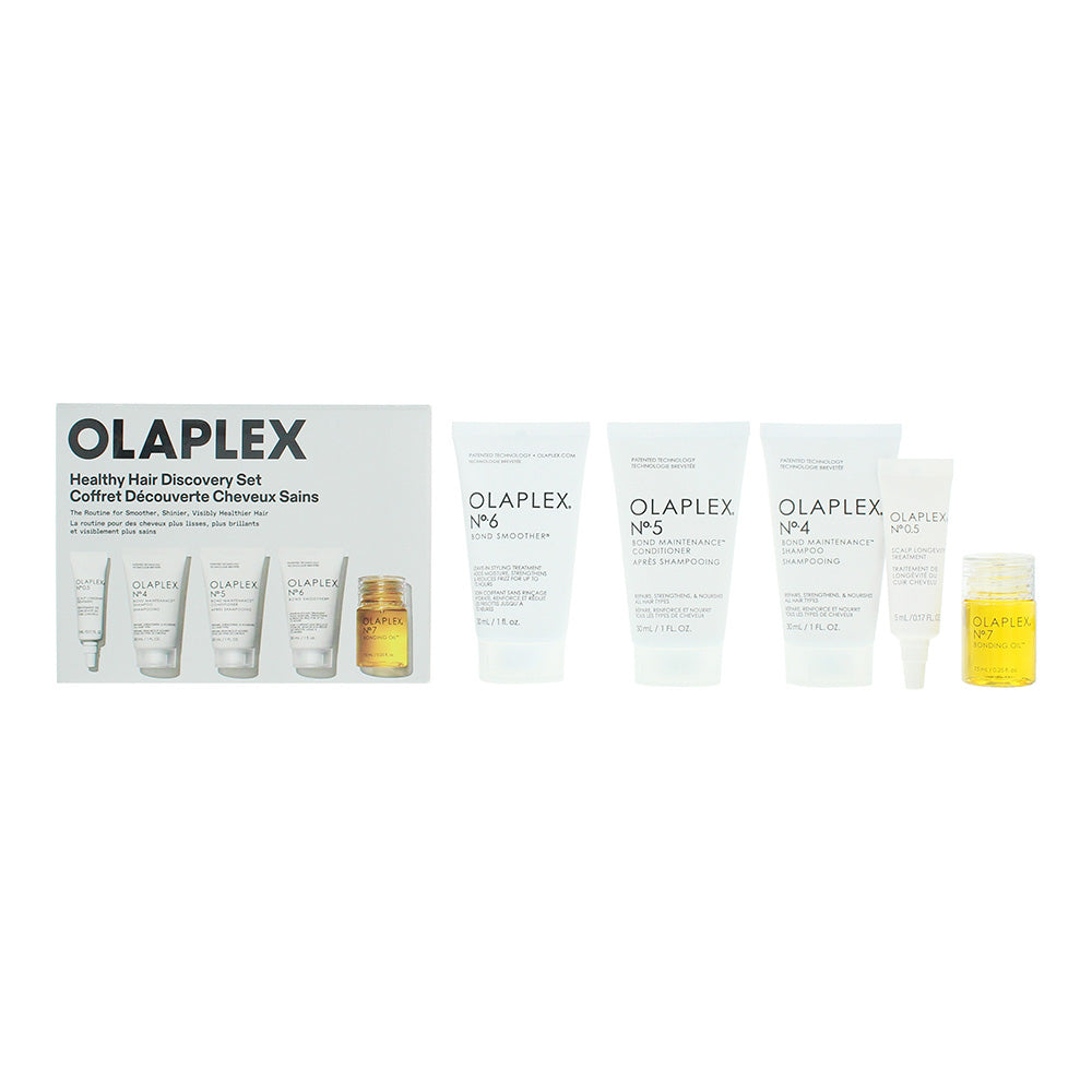 Olaplex 5 Piece Gift Set: No.0.5 Scalp Treatment 5ml - No.4 Bond Maintenance Shampoo 30ml - No.5 Bond Maintenance Conditioner 30ml - No.6 Smoother 30m